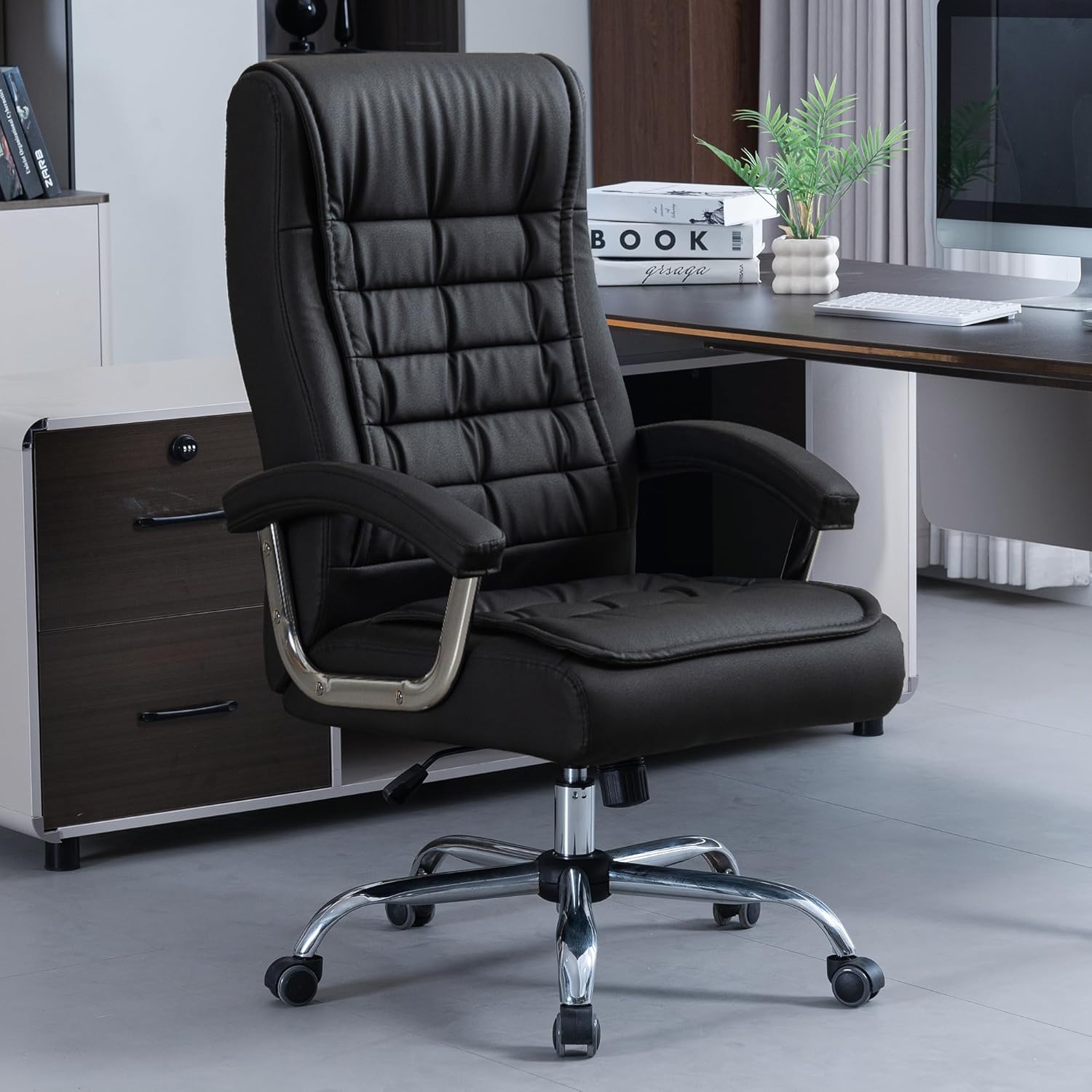 Executive Office Chair Adjustable Leather Chair, High Back Swivel Office Desk Chair with Padded, Armrest 350lbs Load-Bearing Spring Seat Computer Desk Chair for Home Office, Black