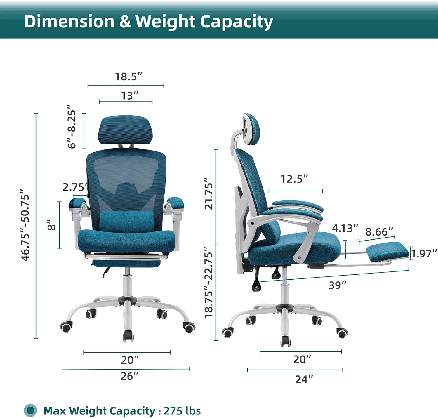DUMOS Office Desk Computer Chair with Footrest, Ergonomic Mesh Swivel Gaming Chair with Rolling Wheels, Comfortable Headrest, Lumbar Support, Comfy for Home, Office, Task, Student, Elegant Blue