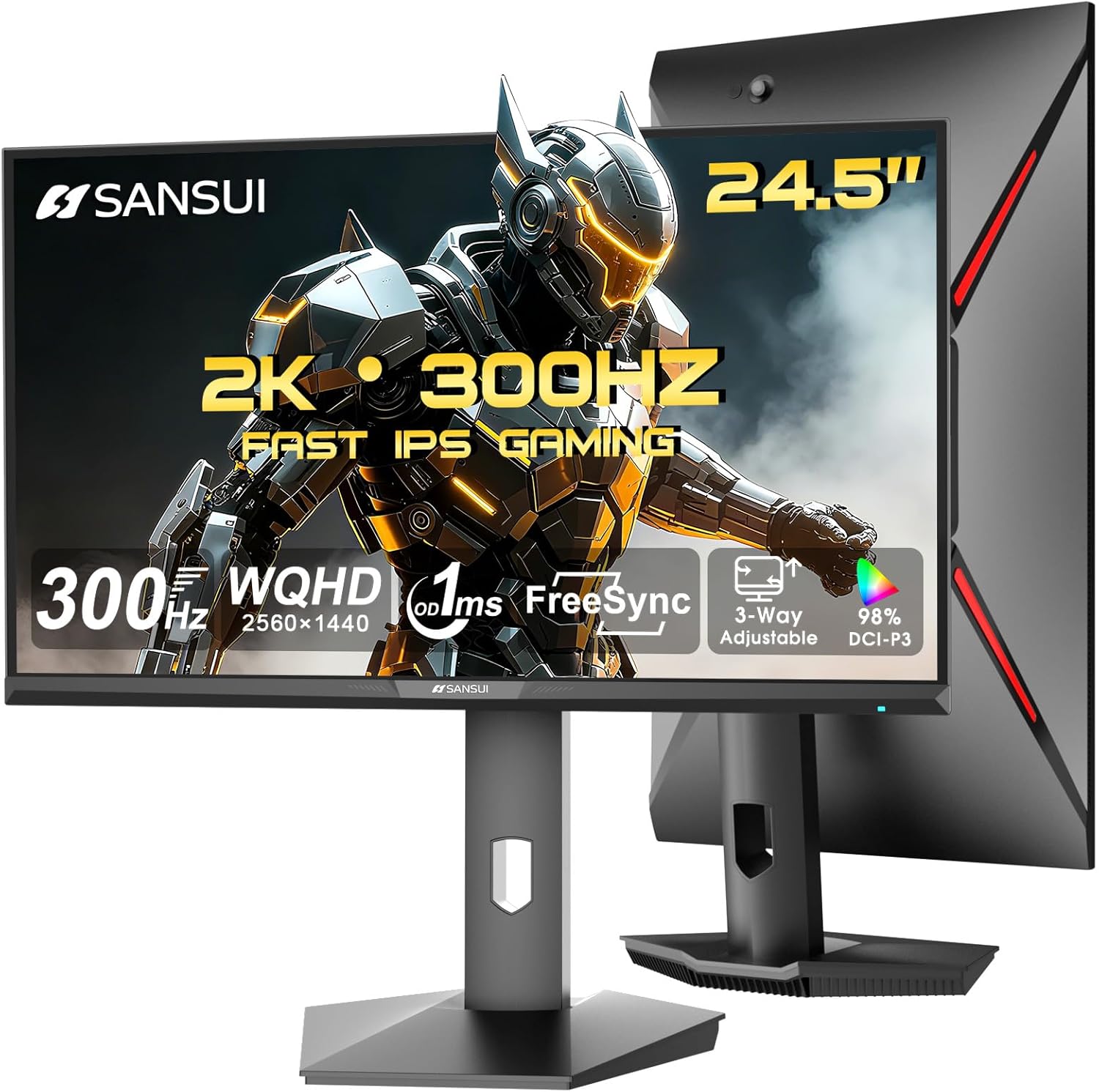 SANSUI 24.5 Inch Gaming Monitor QHD 1440P 300Hz 240Hz, 1ms Fast IPS Computer Monitor, 2× HDMI 2.1 Up to 300Hz, 2× DP 1.4 Up to 300Hz, 130% sRGB Eye Care VESA Support (DP Cable Included ES-G25F6Q Pro)