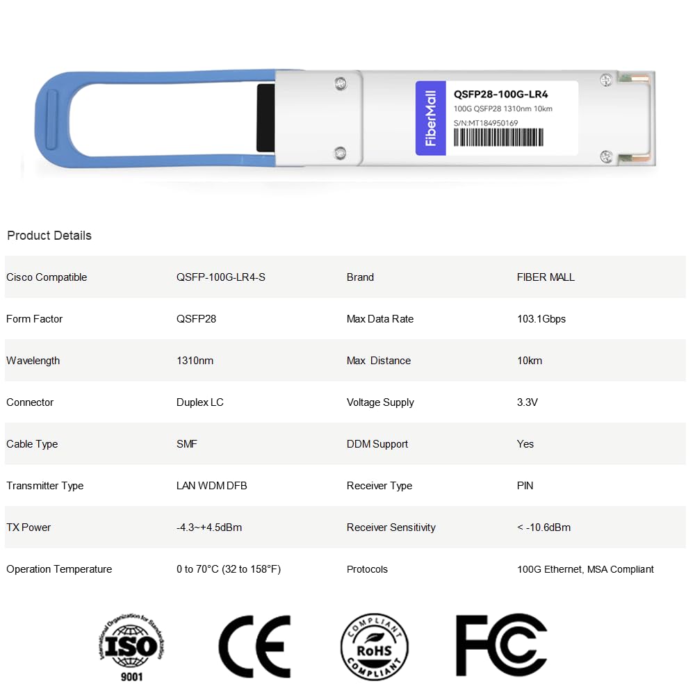 100G QSFP28 LR4 for Cisco QSFP-100G-LR4-S,QSFP-100G-LR4,100GBASE-LR4 QSFP28 1310nm 10km LAN WDM LC SMF DOM Optical Transceiver Module