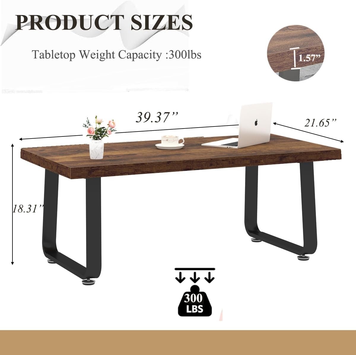 HSH Rustic Coffee Table, Industrial Wood and Metal Center Table, Farmhouse Minimalist Oak Coffee Table for Living Room, Modern Rectangular Wooden Tea&Coffee Table for Bedroom Home, Rustic Brown, 39 In