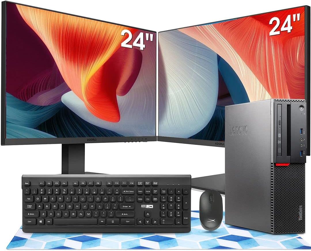 Lenovo ThinkCentre M800 SFF Desktop Computer Package, Intel Core i5 6500 3.2GHz, 16GB RAM, 512GB SSD, Dual KOORUI 24 Inch Monitors,WiFi,Bluetooth,Wireless Keyboard Mouse,HDMI (Renewed)