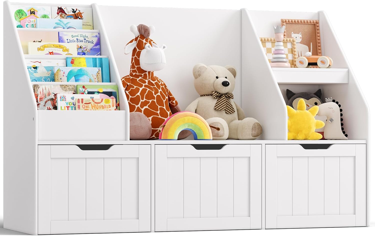 Gizoon Kids Toy Storage Organizer with Reading Nook, Kids Bookshelf with 3 Movable Drawers, Kids Reading Nook with Bench for Kidsroom Playroom and Bedroom, White, Painted
