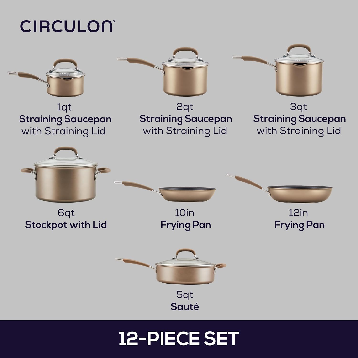 Circulon Premier Professional Hard Anodized Nonstick Cookware Induction Pots and Pans Set Nonstick, Home Essentials, 12-Piece, Bronze