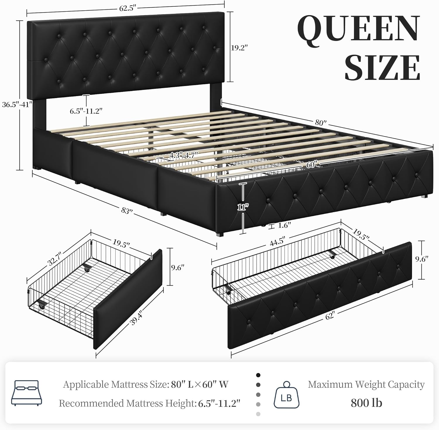 Yaheetech Queen Bed Frame Upholstered Bed Frame with Adjustable Diamond Button-Tufted Headboard/3 Drawers Storage, Queen Platform Bed/Strong Wooden Slats, Black Queen Bed