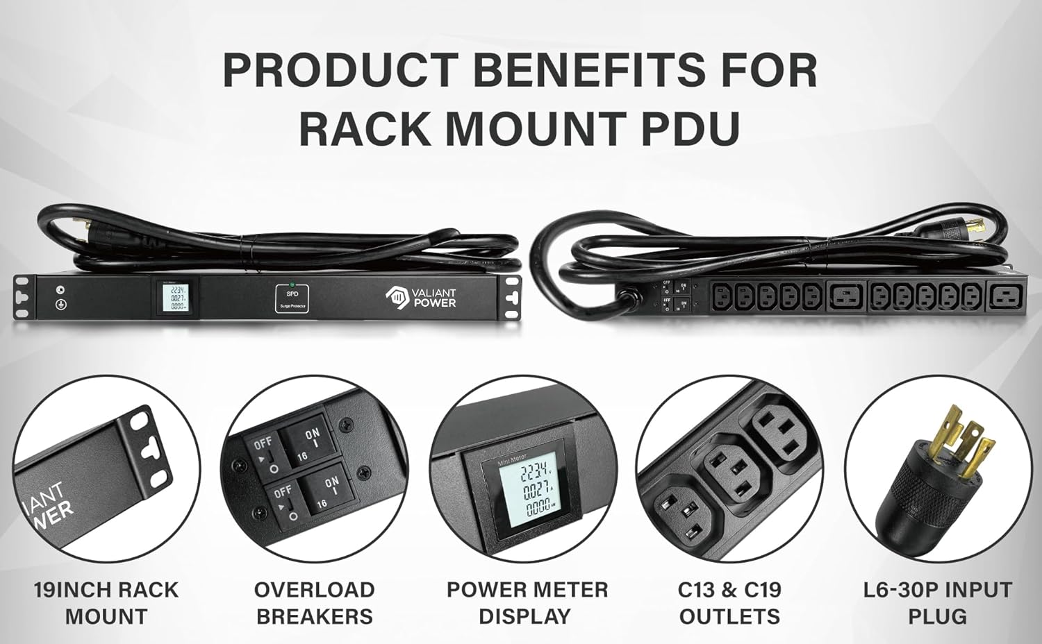 Rack Mount Power Strip - 240V 30A 2C19 & 10 C13 outlets PDU with 20,000 amp Surge Protector, Volt & Amp Meter for Data Center - 19” Metal Housing, Ears & Fittings Included Valiant Power Co