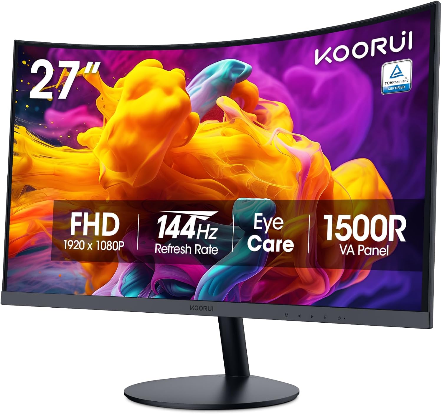 KOORUI 27 Inch Curved Monitor FHD 1080P 144Hz Gaming Office Computer Monitors, 1500R PC Screen with HDMI VGA, Eye Care TÜV Rheinland Certified, Tilt Adjustable, Black.