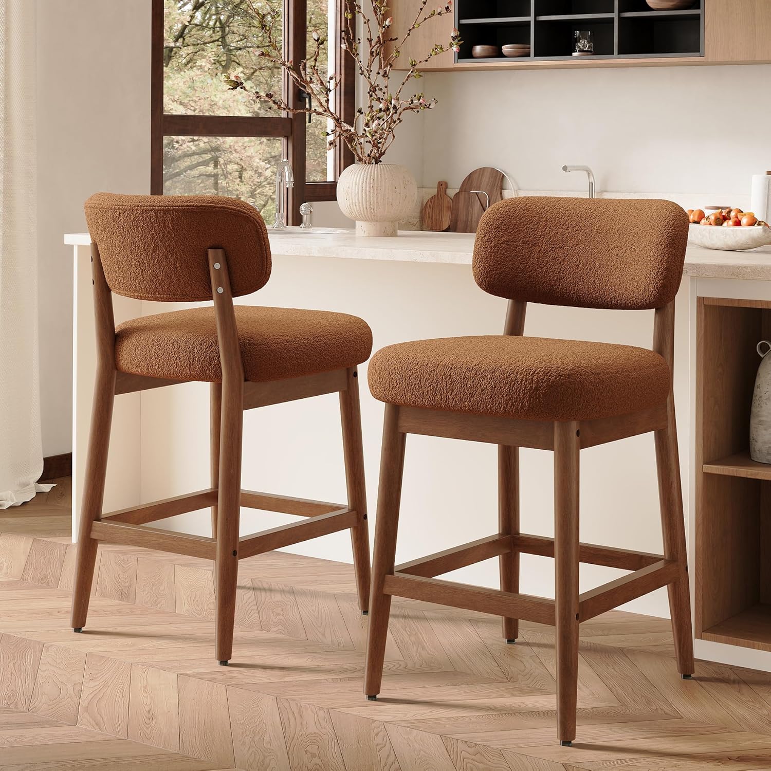 Counter Height Bar Stools Set of 2, Mid-Century Modern Boucle Bar Chairs with Solid Wood Frame, Upholstered Stools with Backrest for Kitchen Island, Home Bar, Caramel Brown