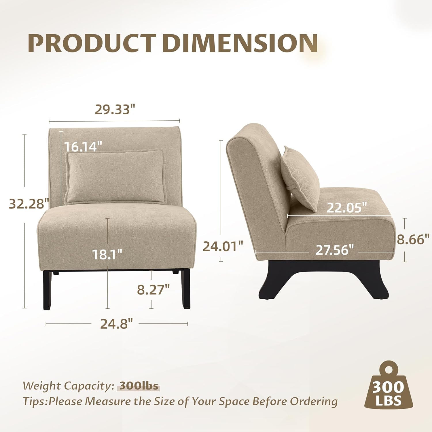 Upholstered Armless Accent Chair,Modern Comfy Living Room Chairs with Wooden Legs& Pillows,Lounge Sofa Side Chair for Bedroom Farmhouse Reading (1, Brown)