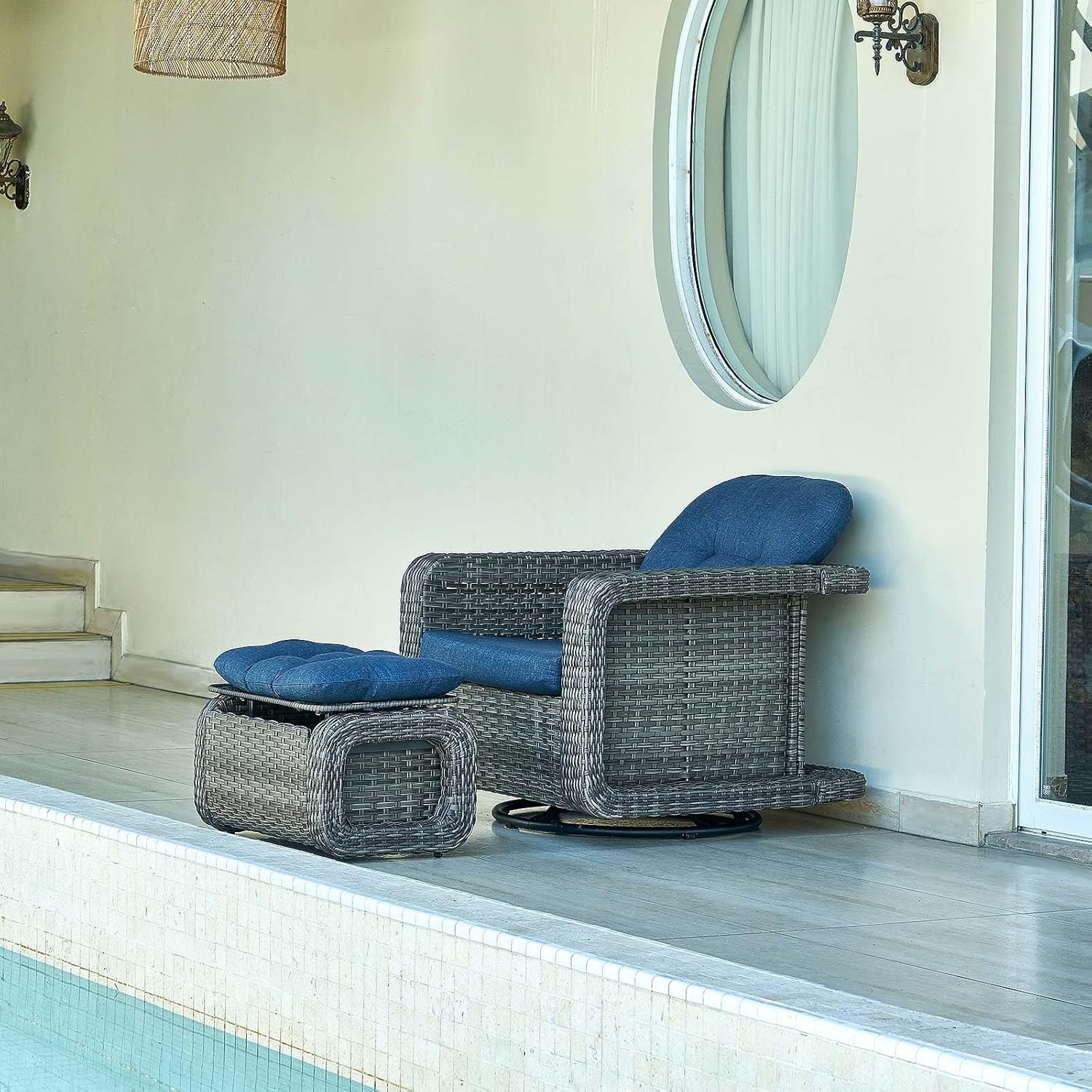 Patio Glider Swivel Rocker Sets: 2piece Patio Furniture Sets, 360° Swivel Rocking Chairs with Ottoman, Rust-Resistant Cushion -Perfect for Backyard/Deck/Porch/Balcony Decors- Gray Wicker,Blue Cushion