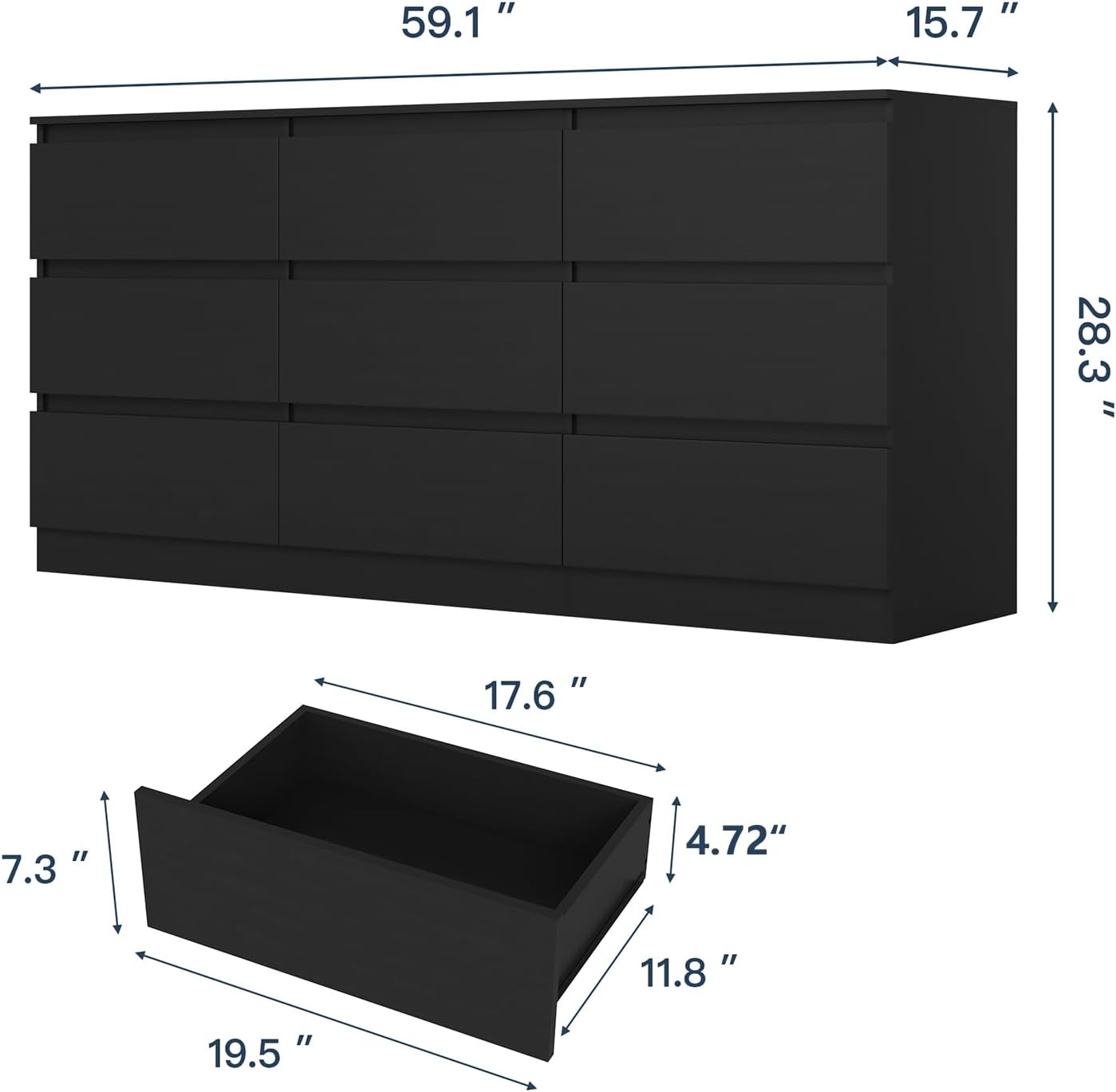 Black 9 Drawer Dresser for Bedroom, Long Dresser with Deep Drawer,Modern Wide Wood Storage Chest of Drawer, Bedroom Storage Furniture,TV Stand for Living Room