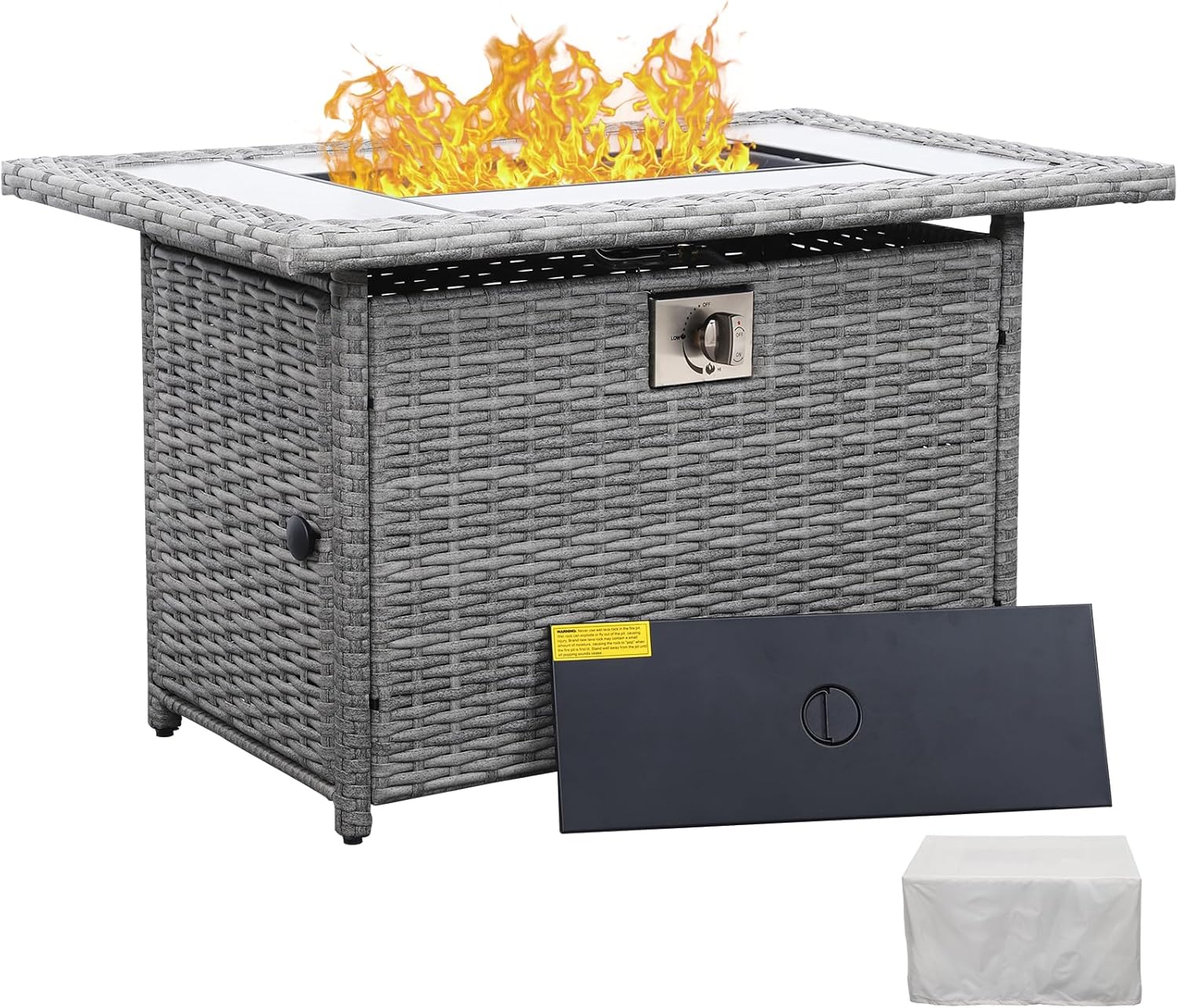 60000 BTU Wicker Gas Fire Pit Outdoor Fire Pit Table 45 Inch Fire Pits for Outside with Woodgrain Marble Tabletop Fire Pit Cover and Blue Crystal Beads