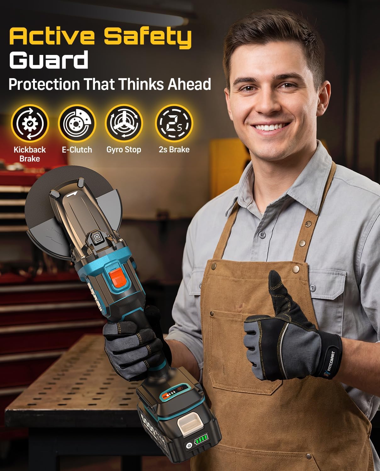 SEESII Flathead Brushless Angle Grinder, 21V Cordless Variable Speed Grinder Kit 5.0Ah Battery+Charger, 4-1/2 to 5
