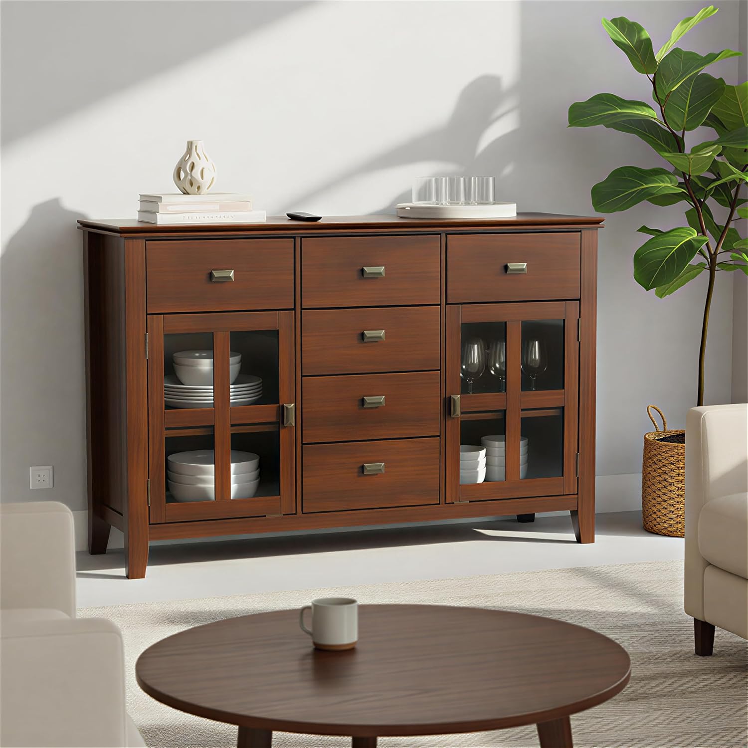 SIMPLIHOME Artisan Buffet - 54 inch Wide Solid Wood 3-Door Sideboard Buffet in Russet Brown, Transitional Storage Cabinet for Dining Room or Kitchen with Adjustable Shelves and Bronze Hardware