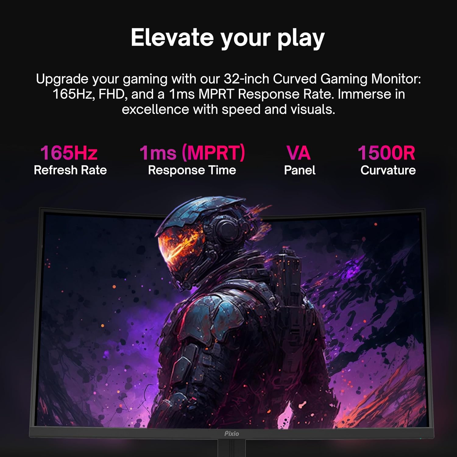 Pixio PXC325 32 inch 165Hz Refresh Rate FHD 1080p Resolution 1500R Curved VA Panel 1ms MPRT Response Time Adaptive Sync HDR Tilting Stand Gaming Monitor