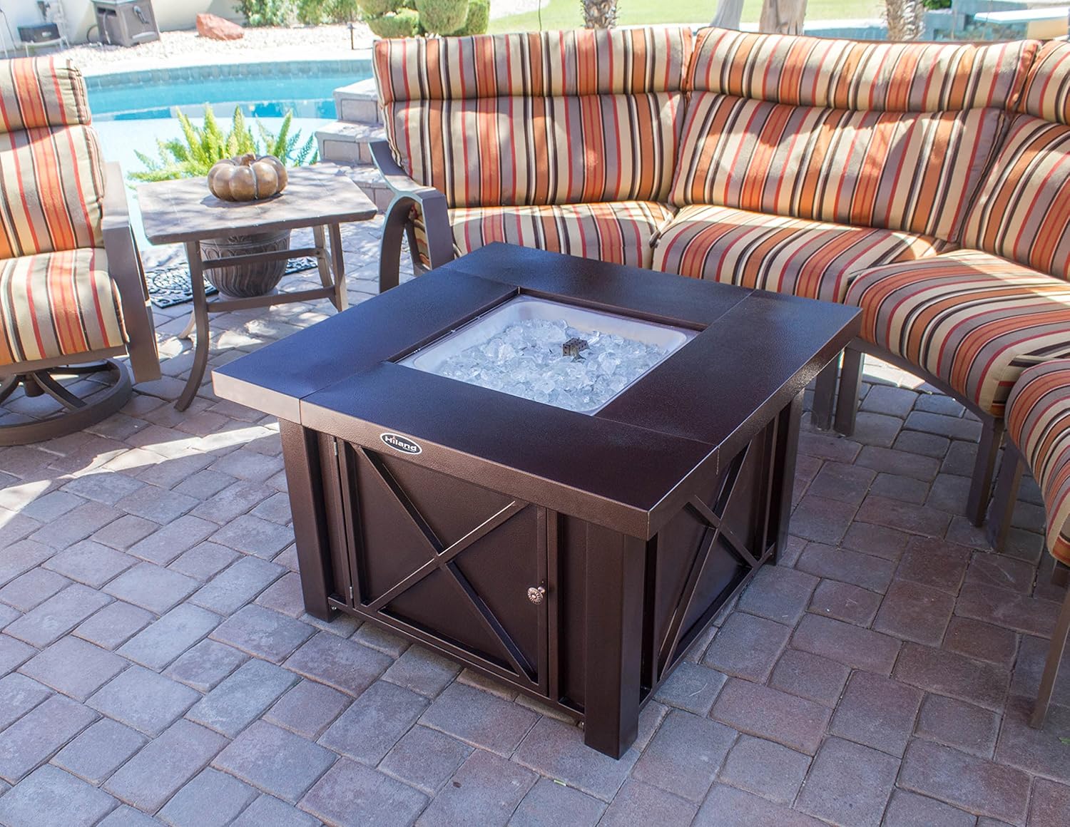 Hiland 38'' Square Propane Fire Pit Table w/Lid, Fireglass Included, Regulator and Hose, 40,000 BTU, Decorative Crossbars, Bronze