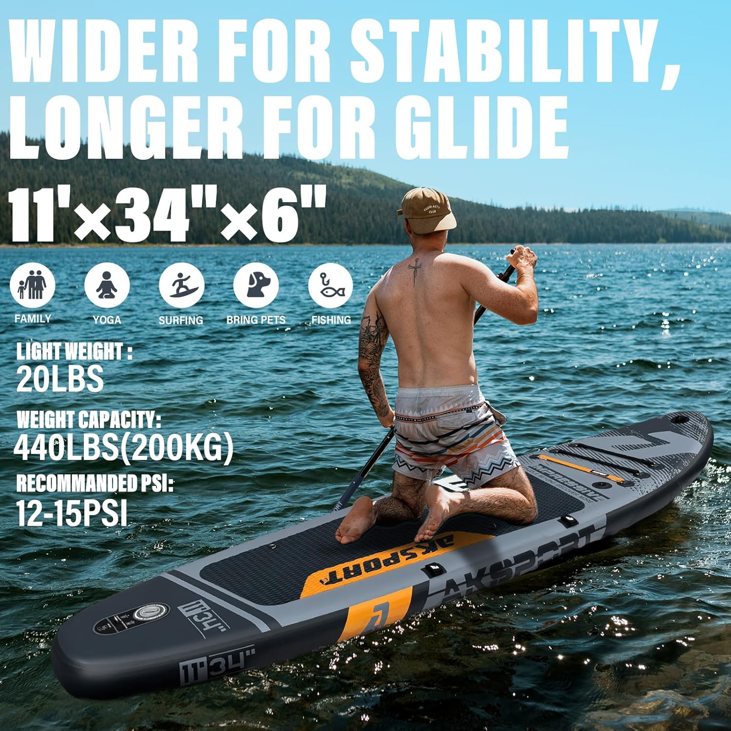 AKSPORT 11' Inflatable Stand-Up Paddle Board with Upgraded SUP Accessories Kit | Extra Wide 34