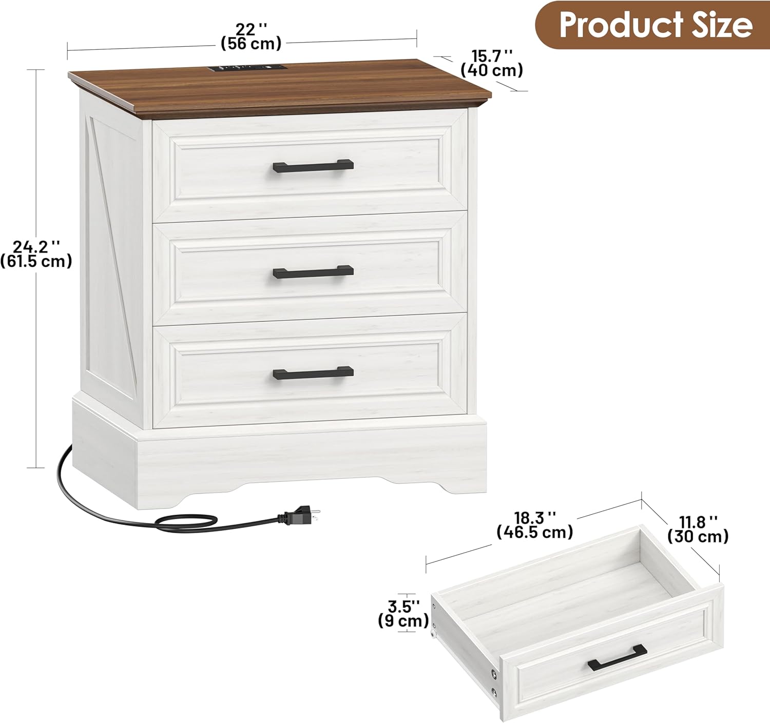 Akxomel Farmhouse Nightstand with Charging Station, 22