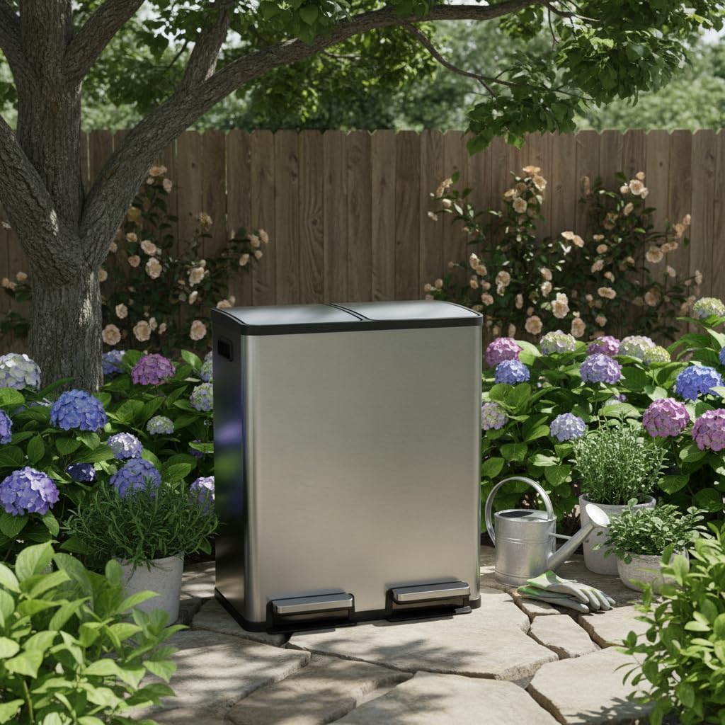 Kitchen Trash Can, 16 Gallon Dual Compartment Garbage Bin with Quiet Close Foot Pedal, Stainless Steel