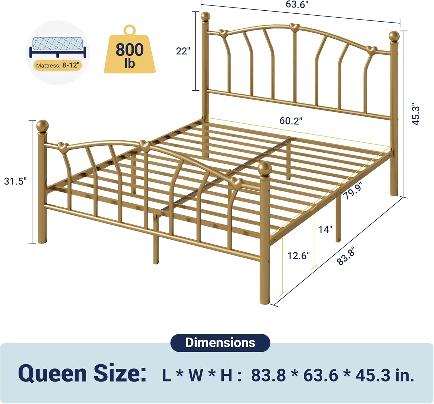 Allewie 14 Inch Queen Size Metal Platform Bed Frame with Heart-Shaped Headboard and Footboard/Iron-Art Mattress Foundation/Under Bed Storage/No Box Spring Needed/Easy Assembly/Noise-Free/Gold