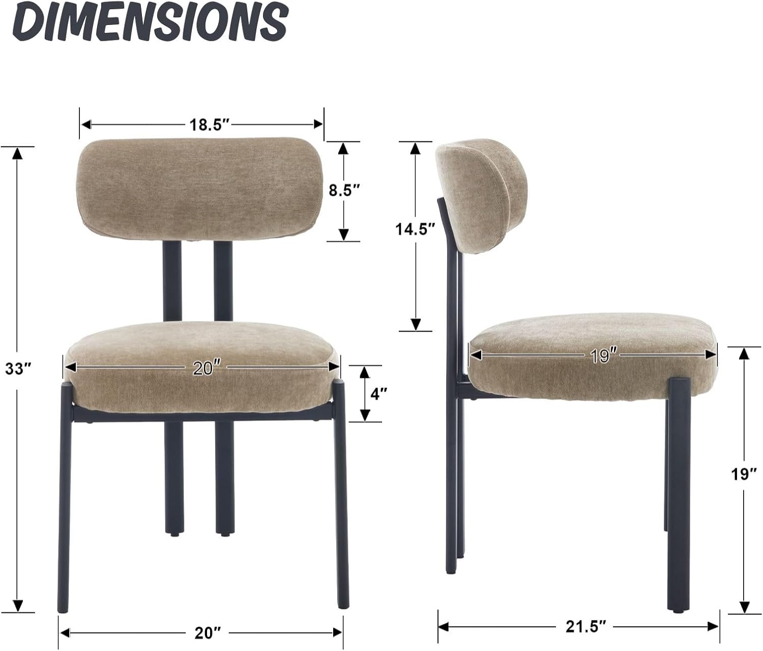 LukeAlon Chenille Dining Chairs Set of 6, Modern Curved Back Armless Kitchen Chairs with Black Metal Legs Upholstered Dining Room Chairs Reception Chairs for Living Room Office Restaurant, Khaki