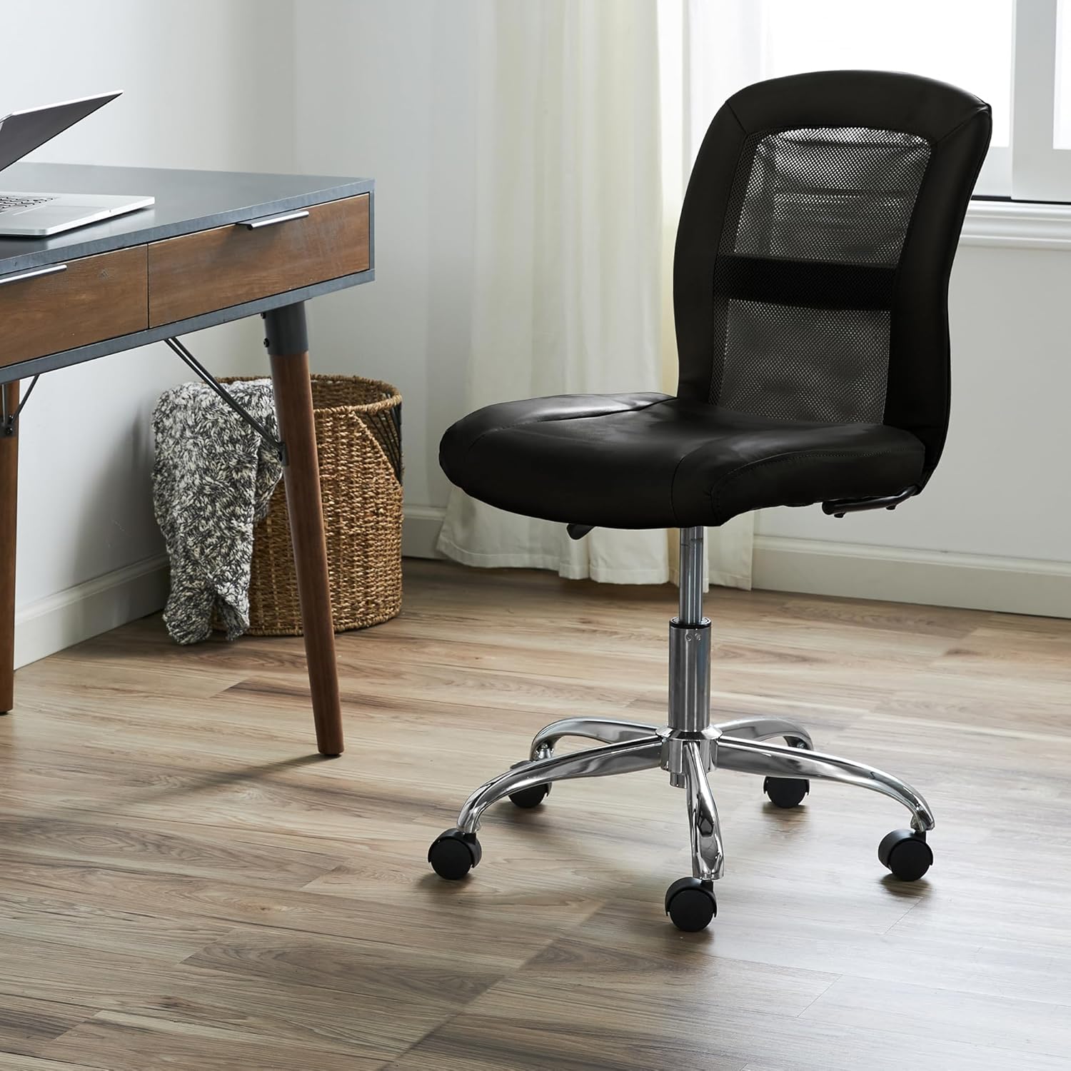 Serta Essential Armless TaskChair, Small Desk Chairs with Wheels, Breathable Mesh Back and Faux Leather, Quality Foam Cushion Seat for Comfort, Minimal Design for Vanity Table, Black