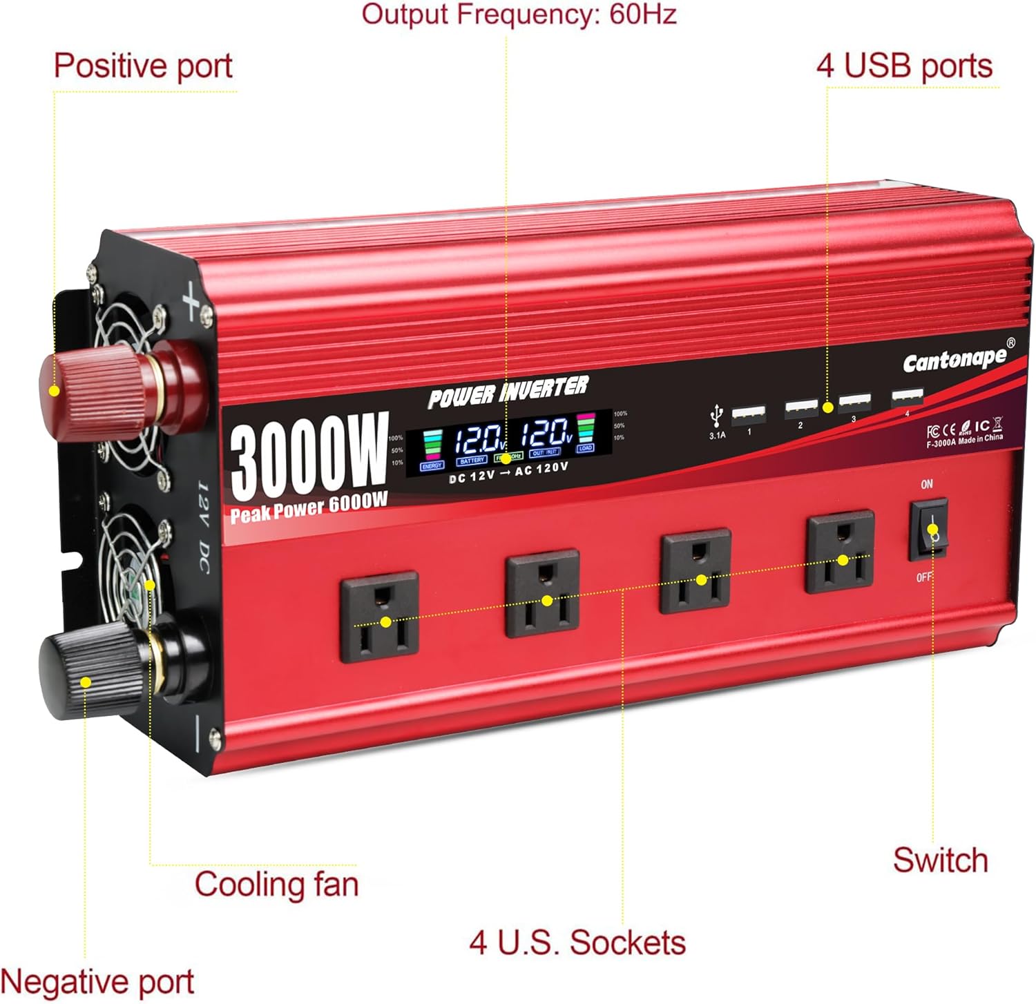 Cantonape 3000W Power Inverter 12V to 110V/120V DC to AC with LCD Display, Remote Controller 4 x AC Outlets and 4 x 3.1A USB Car Adapter for Car Truck Boat RV Solar System