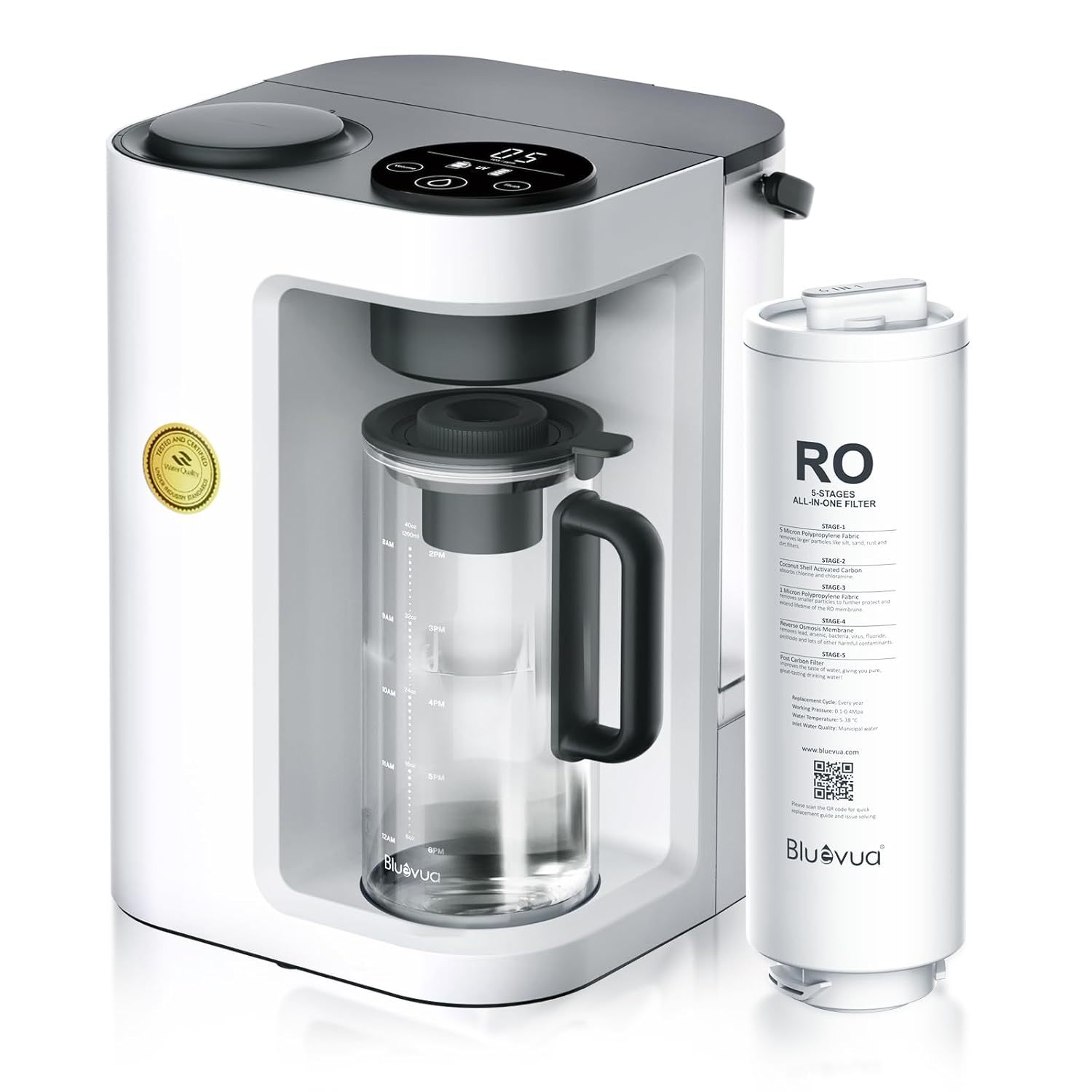 Bluevua RO100ROPOT-Lite Countertop Reverse Osmosis Water Filter System, 3:1 Pure to Drain Ratio, Portable RO Filtration with Remineralization, No Installation, WQA Certified, 7-Stage UV White