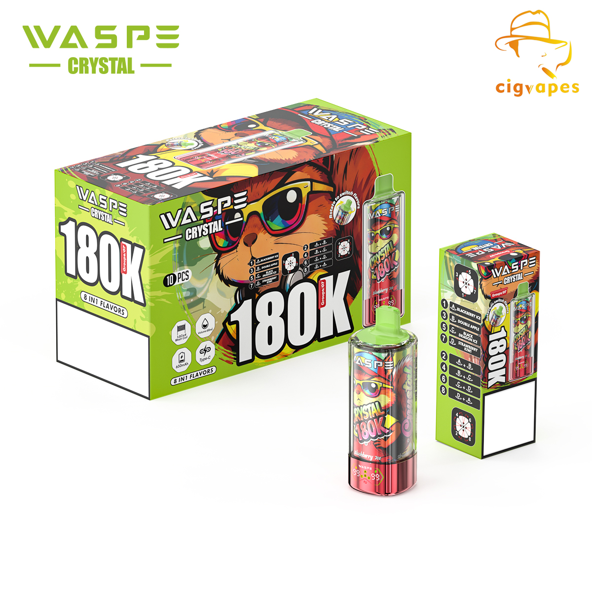 EU Warehouse Waspe Crystal 180k 8 In 1 Puffs 180000 Disposable Vapes Fruit Ice Combos