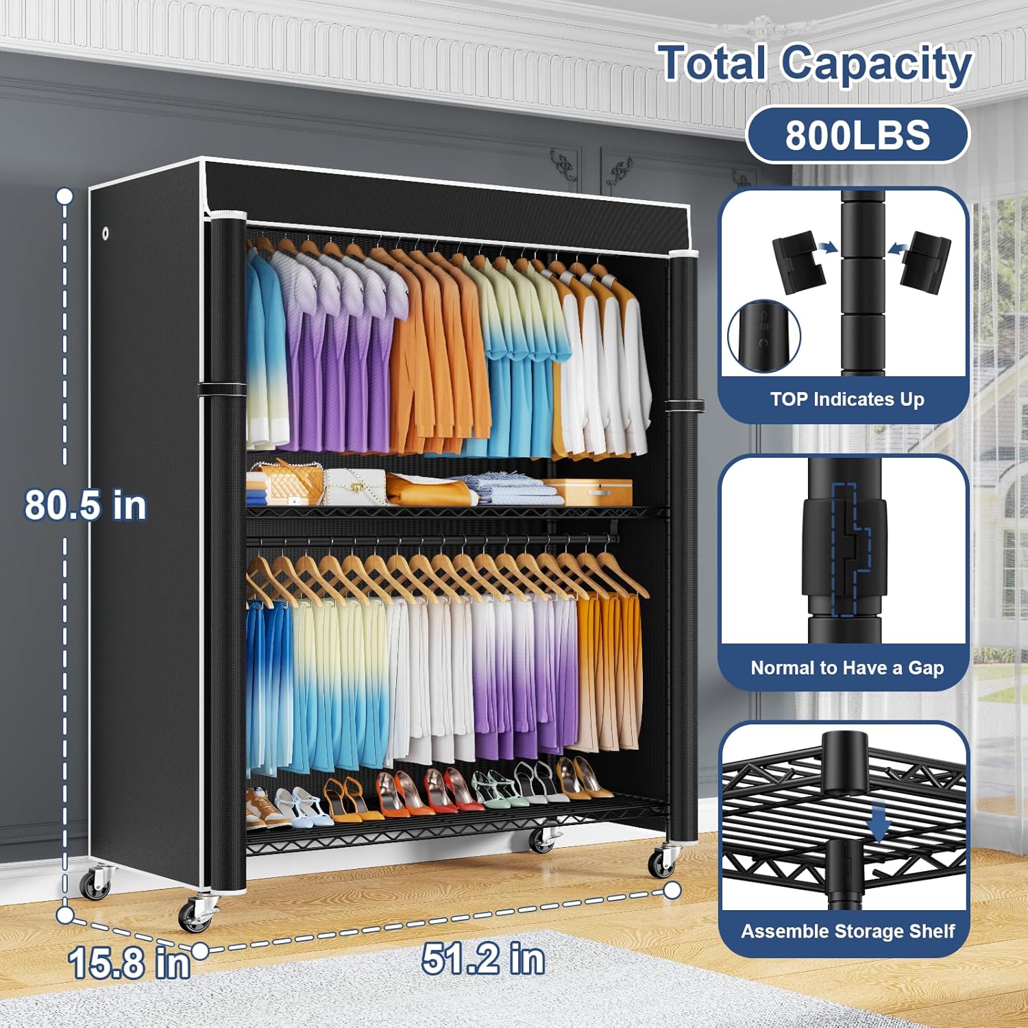 ULIFHOME P8C Max Heavy Duty Clothes Rack（With Extended Width Design） Rolling Clothing Racks for Hanging Clothes with Lockable Wheels .51.2