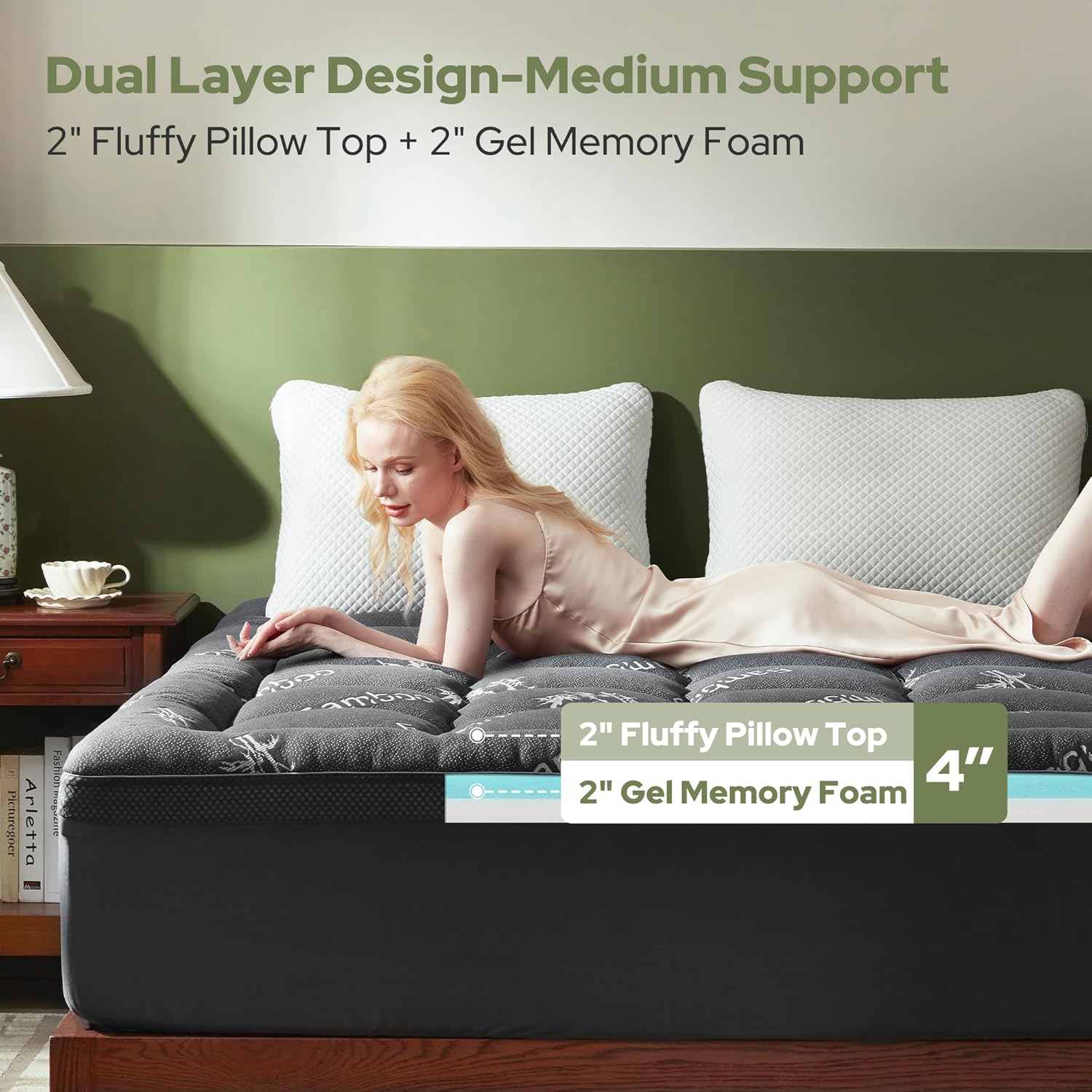 BEDLORE 4 Inch Memory Foam Mattress Topper King,2-in-1 Dual Layer Design (2