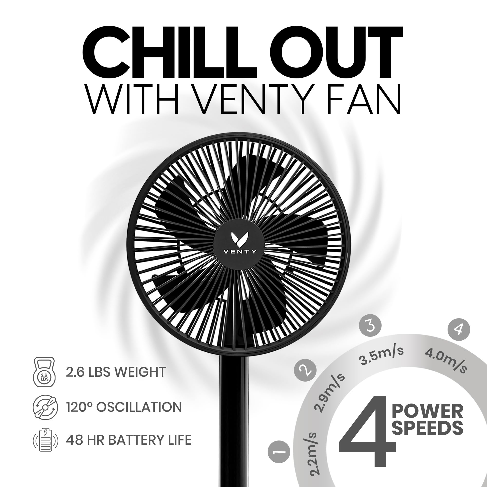 VENTY Portable Wireless Battery Operated Fan - 4 Speeds
