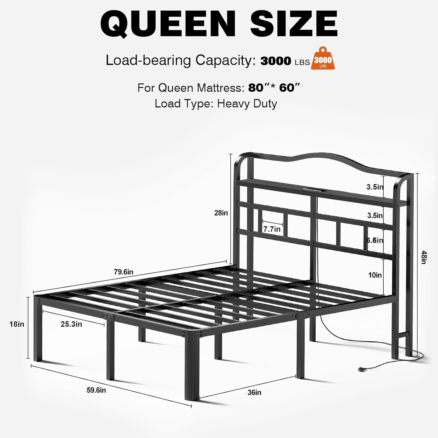 Queen Bed Frame with Headboard & Charging Station 18 Inch Tall Metal Bed Base Heavy Duty Mattress Foundation with Large Storage Space,Black Platform Bed Frames no Box Spring Needed(18 Inch, Queen)