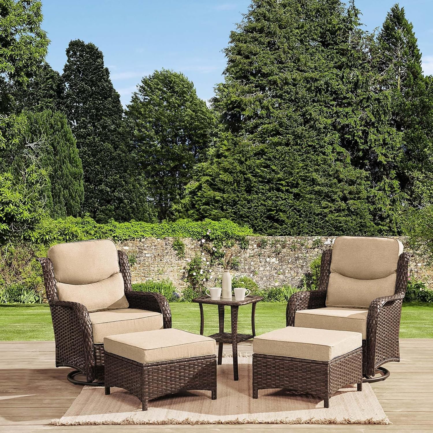 HILLGA Luxury 5PCS Outdoor Swivel Rocker Patio Chairs of 2 with 6 Inch Thick Cushions and Side Table, All Weather Outdoor Chairs High Back Wicker Patio Furniture Set for Porch and Deck, Beige