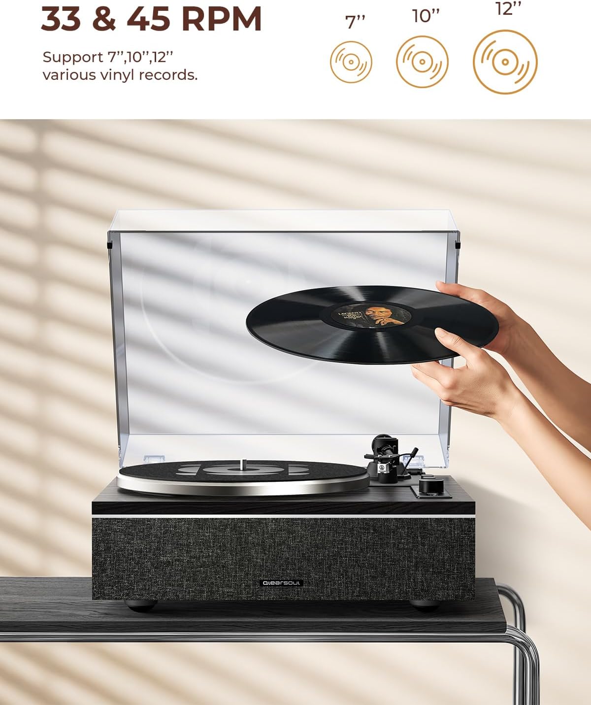 Qlearsoul ONE-S Vinyl Record Player with Bluetooth Input/Output, All-in-One Vintage Turntable Built in Speakers, Phono Preamp & DSP, AT-3600L Cartridge, 33/45 RPM (Black)
