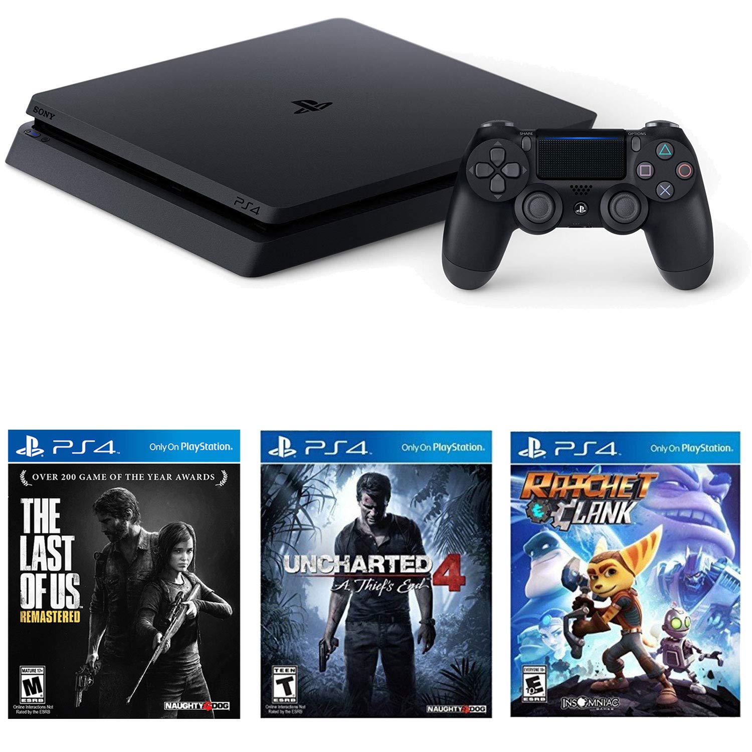 Sony Playstation 4 Slim(CUH-2215B) 1TB Core with Starter Pack Bundle-(Jet Black) (Renewed)
