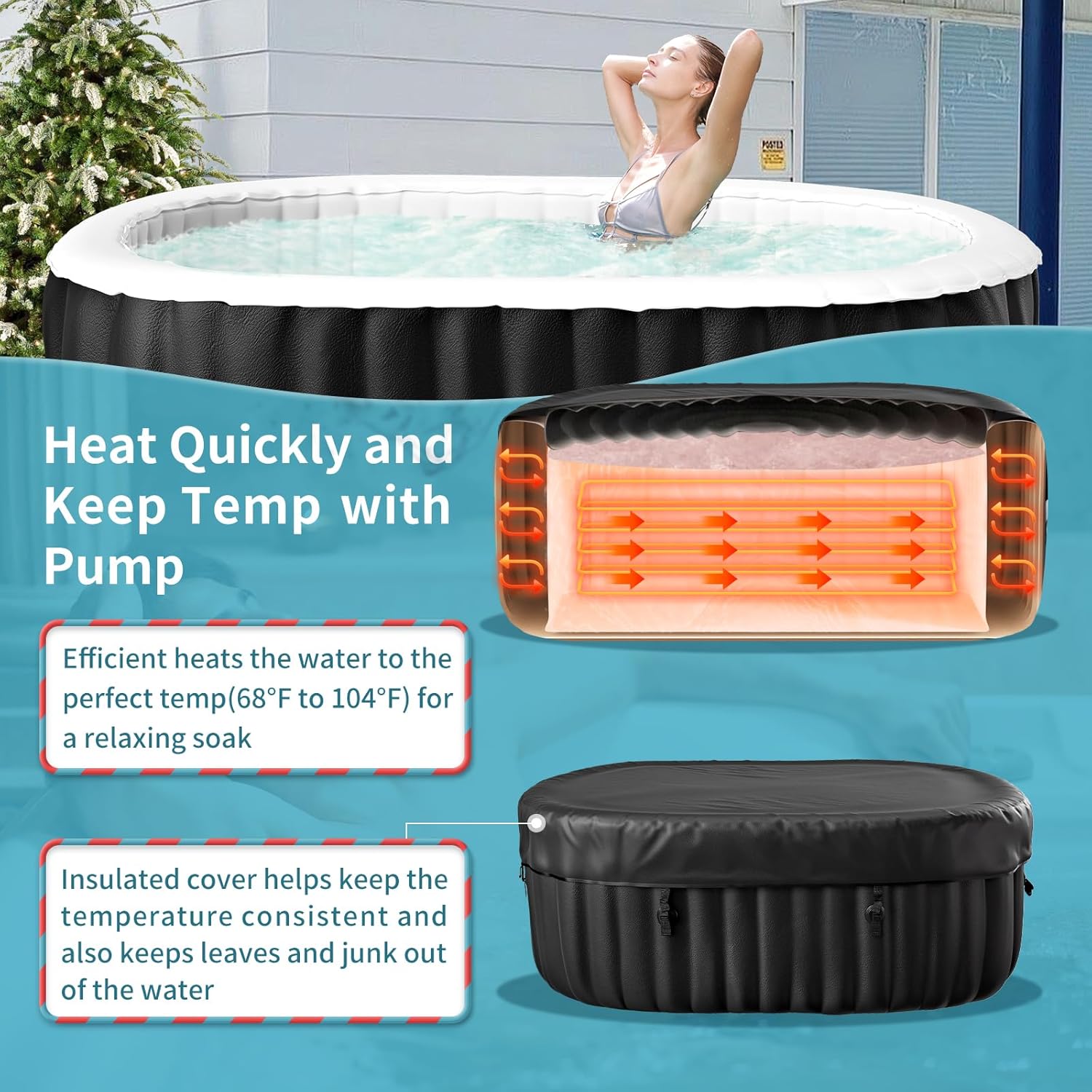 Glonerle Inflatable Hot Tub with Side Table, 2 Person Oval Portable Blow up Hot Tub Spa, Leak-Proof PVC Outdoor Spa with 100 Air Jets, Heater Pump and Insulated Cover, 75” L X 47”W X 25”H