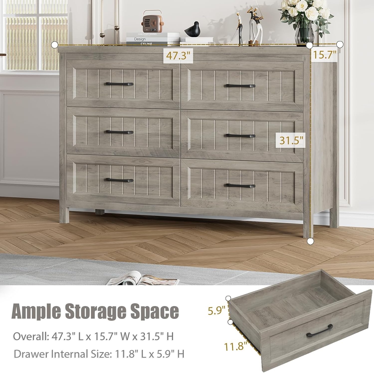 Jocoevol Farmhouse Grey 6 Drawer Dresser for Bedroom, Chest of Drawers - Large Double Dressers TV Stand with Deep Drawers Dressers for Hallway, Entryway - Gray