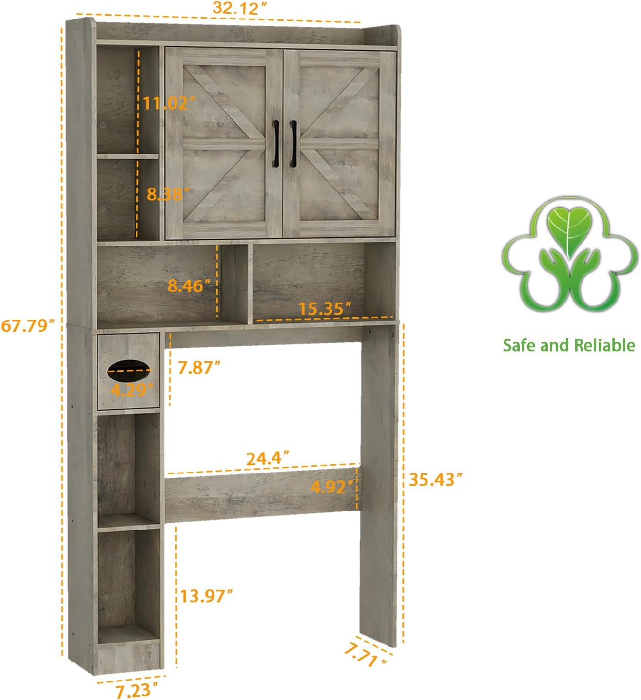 Vabches Over The Toilet Storage Cabinet, Farmhouse Storage Cabinet Over Toilet with 2 Barn Door & Toilet Paper Holder Stand .Home Space-Saving Toilet Rack, for Bathroom, Restroom, Laundry