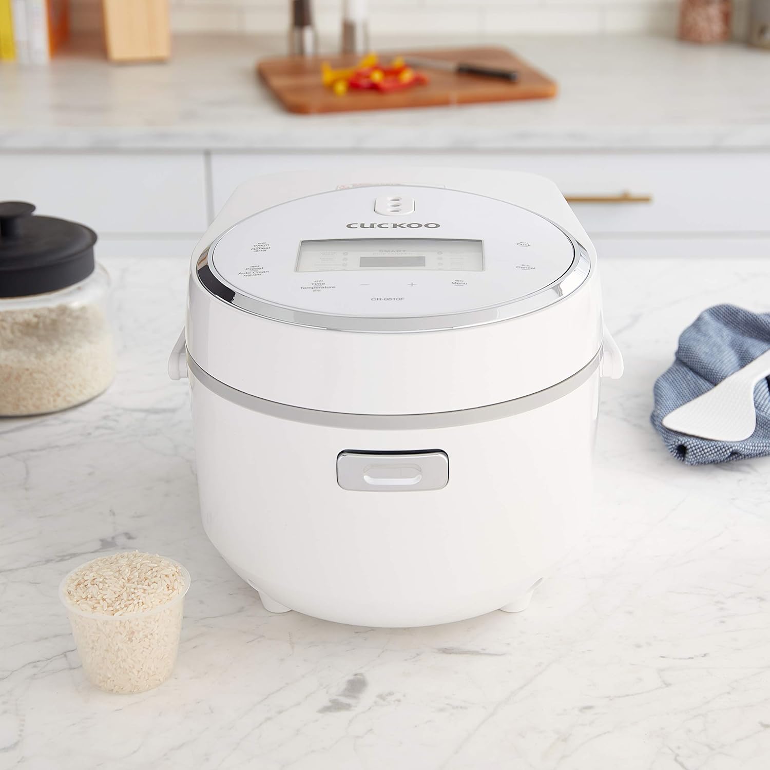 CUCKOO Micom Rice Cooker 8-Cup Uncooked / 16-Cup Cooked with Nonstick Inner Pot, Large Rice Maker with 9 Menu Options, Fuzzy Logic Technology, Auto Clean Mode, LCD Display, White (CR-0810F)