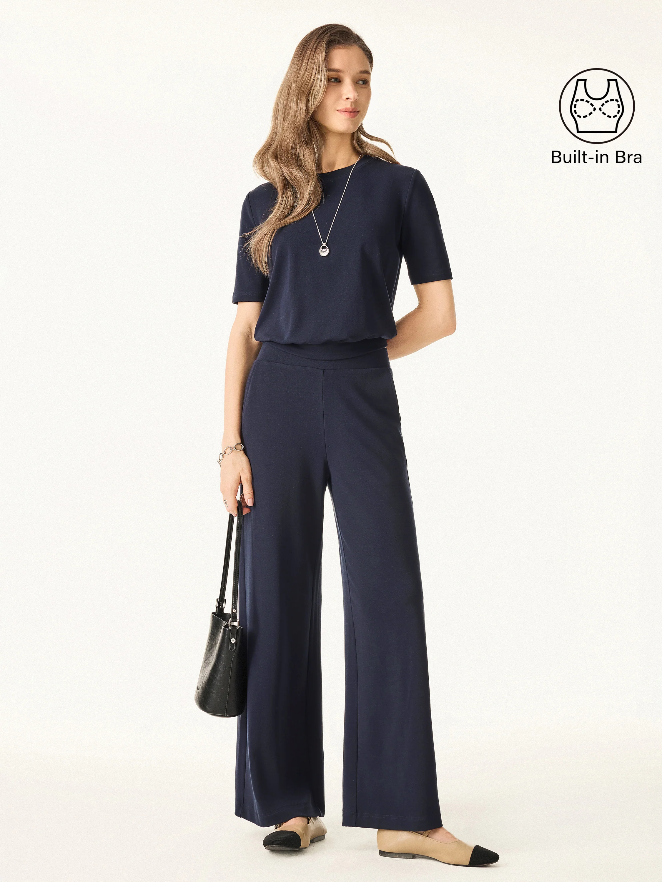 2Pcs Set Petite Mid Rise Wide Leg Pant with Pockets & Crewneck Bra Top with Banded Hem