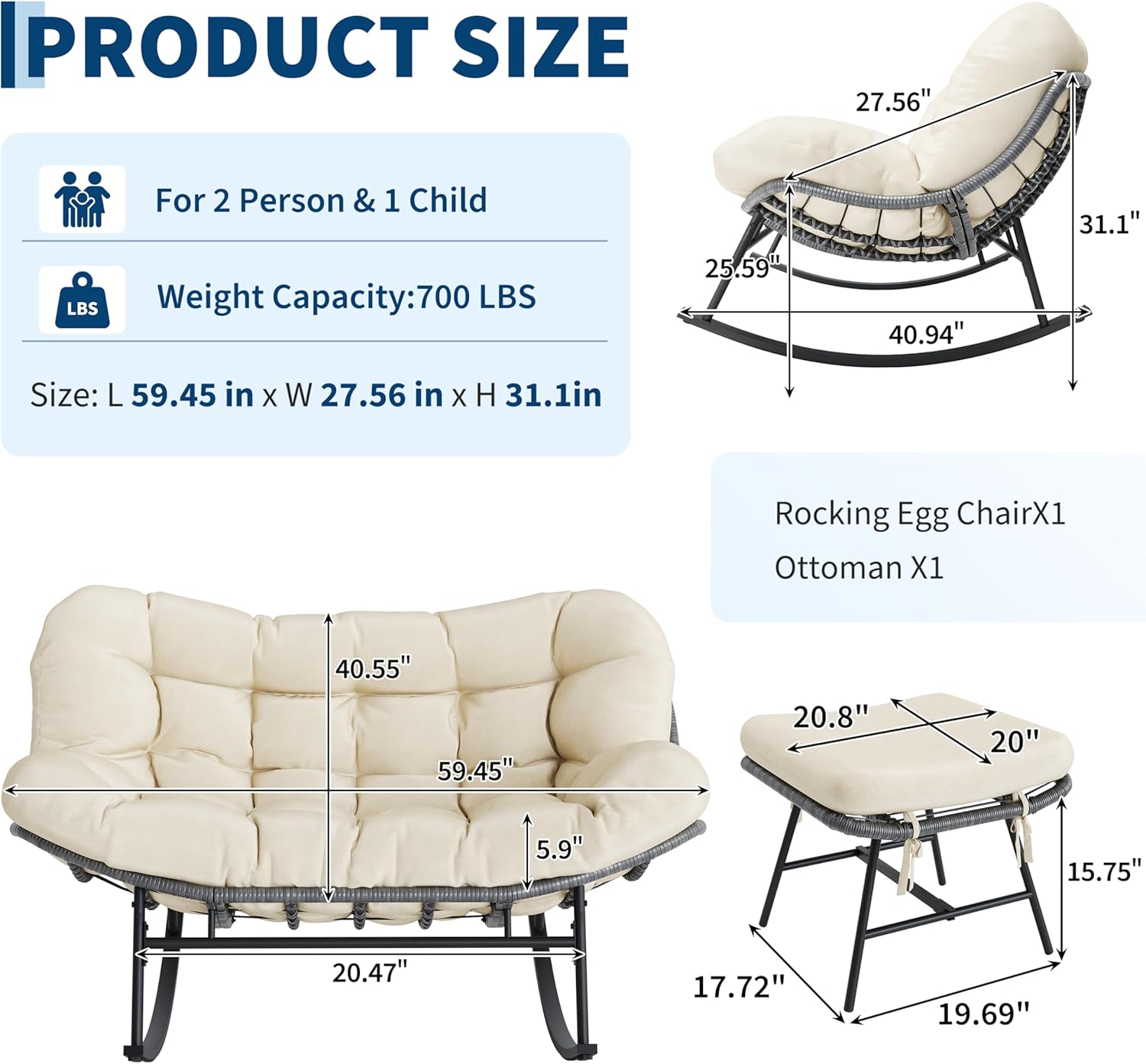 Patio Rocking Chair Set with Ottoman ,Indoor Outdoor Padded Rocking Chair for 2 Person,Oversized Papasan Chairs,Double Wicker Egg Rockers, Lounge Chair for Patio, Living Room, Bedroom, or Porch,Beige