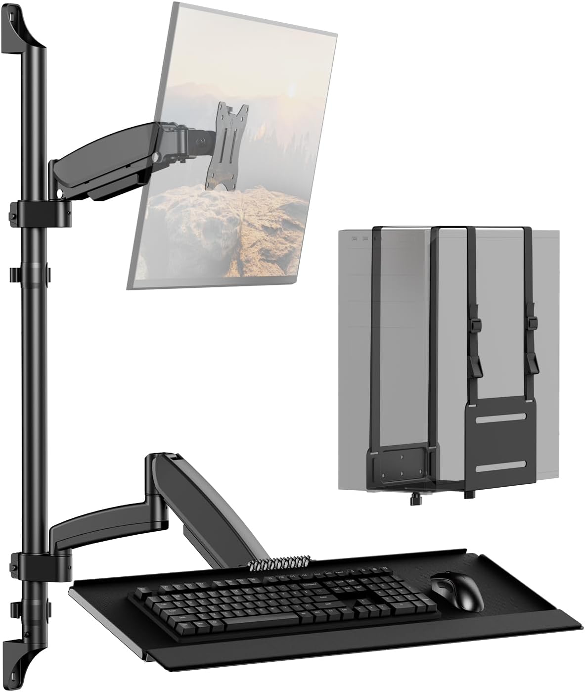 Wall Mount Sit Stand Workstation with Single Monitor Mount, Keyboard Tray and CPU Holder, Height Adjustable Full Motion Arms for 13-32 inch Screens, VESA 75x75, 100x100, Black