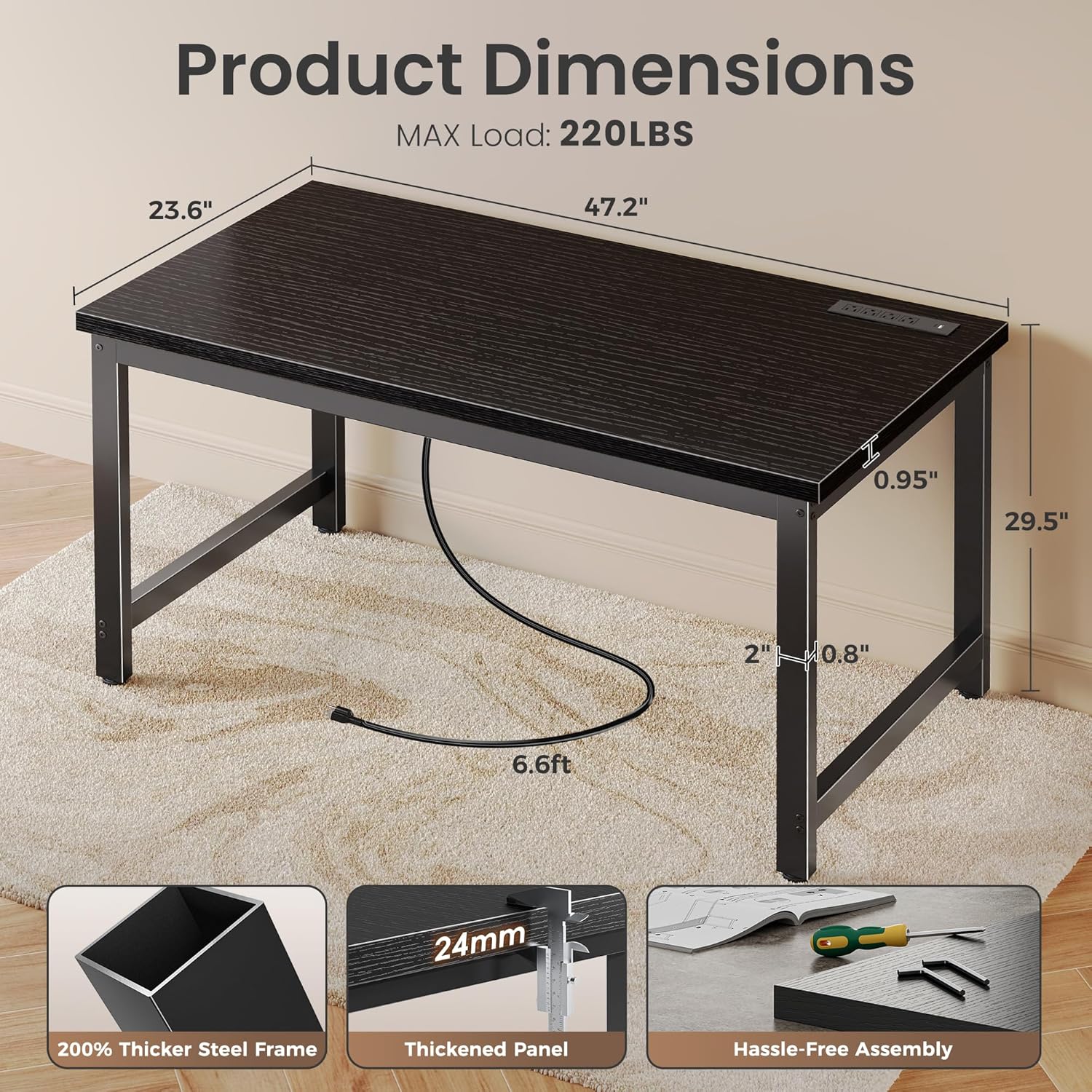 Huuger 48 x 24 inch Desk with Power Outlets & USB-C, Deeper & Thicker Desktop, Robust Metal Tubes, Computer Desk, Heavy Duty Office Desk, Work Gaming Desk for Home Office, Black
