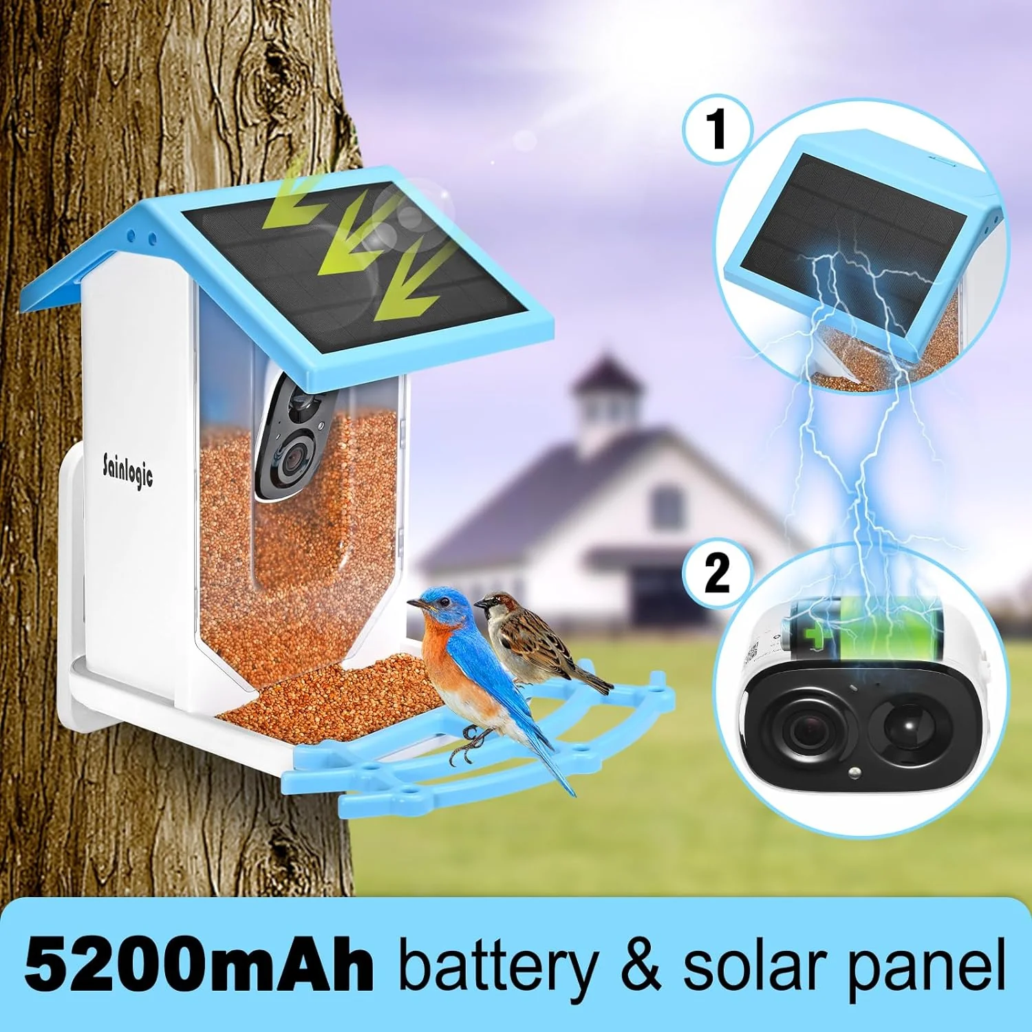 Smart Bird Feeder with 1080P HD Camera, Camera Bird Feeder Identify Bird Species with 2 Solar Panels, Video Bird Feeder with WiFi & Motion Detection, Smart Bird Feeders as Gifts(Light Blue)