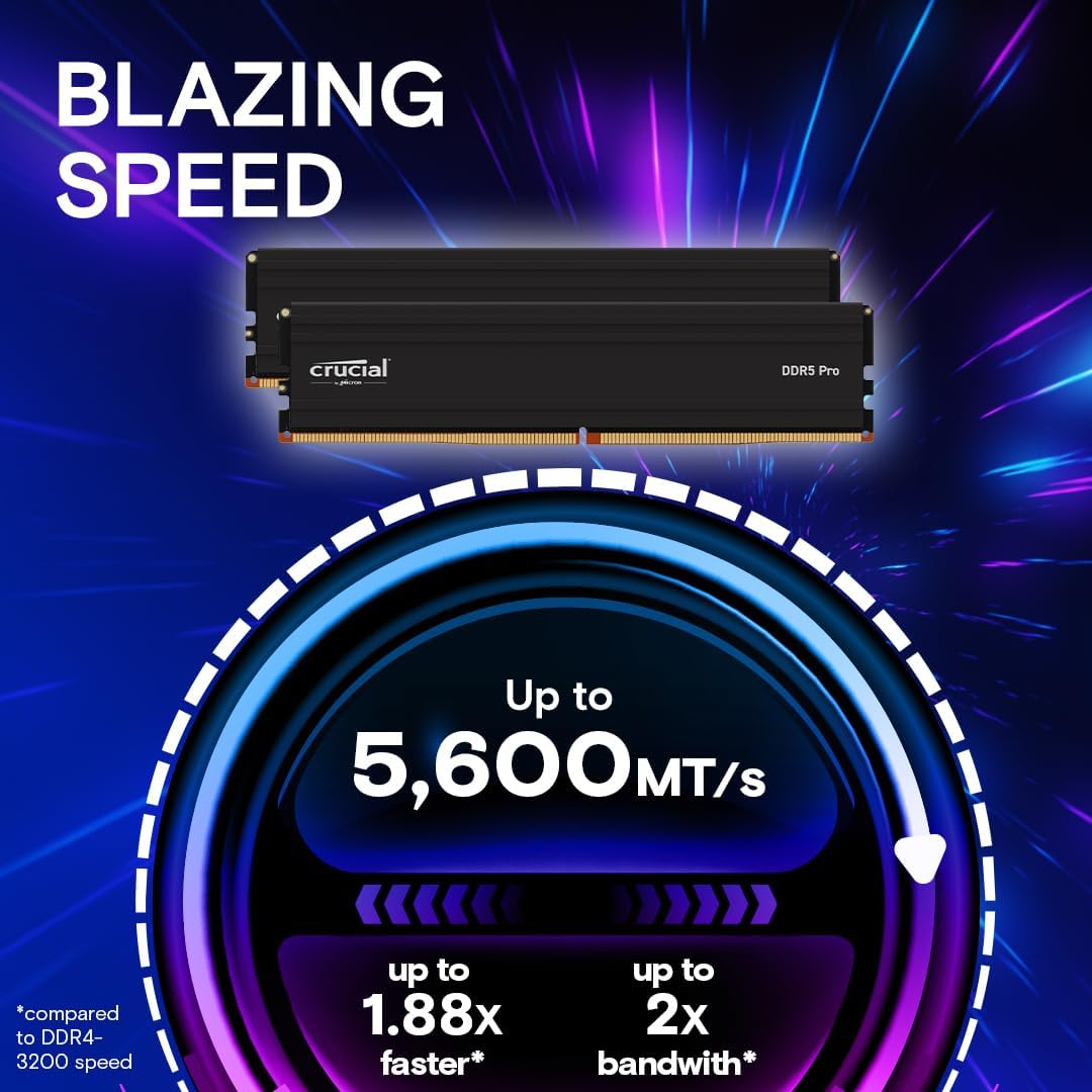 Crucial Pro 64GB DDR5 RAM Kit (2x32GB), 5600MHz (or 5200MHz or 4800MHz) Desktop Memory UDIMM 288-pin, Compatible with 13th Gen Intel Core and AMD Ryzen 7000 - CP2K32G56C46U5