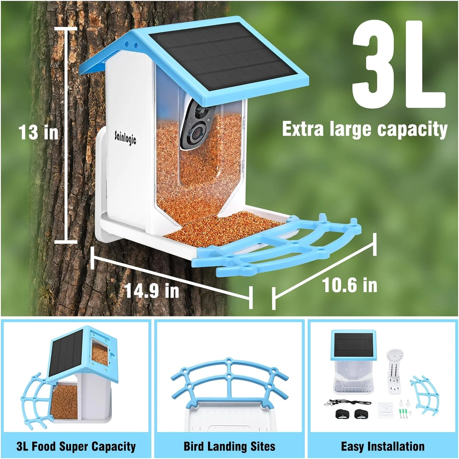 Smart Bird Feeder with 1080P HD Camera, Camera Bird Feeder Identify Bird Species with 2 Solar Panels, Video Bird Feeder with WiFi & Motion Detection, Smart Bird Feeders as Gifts(Light Blue)