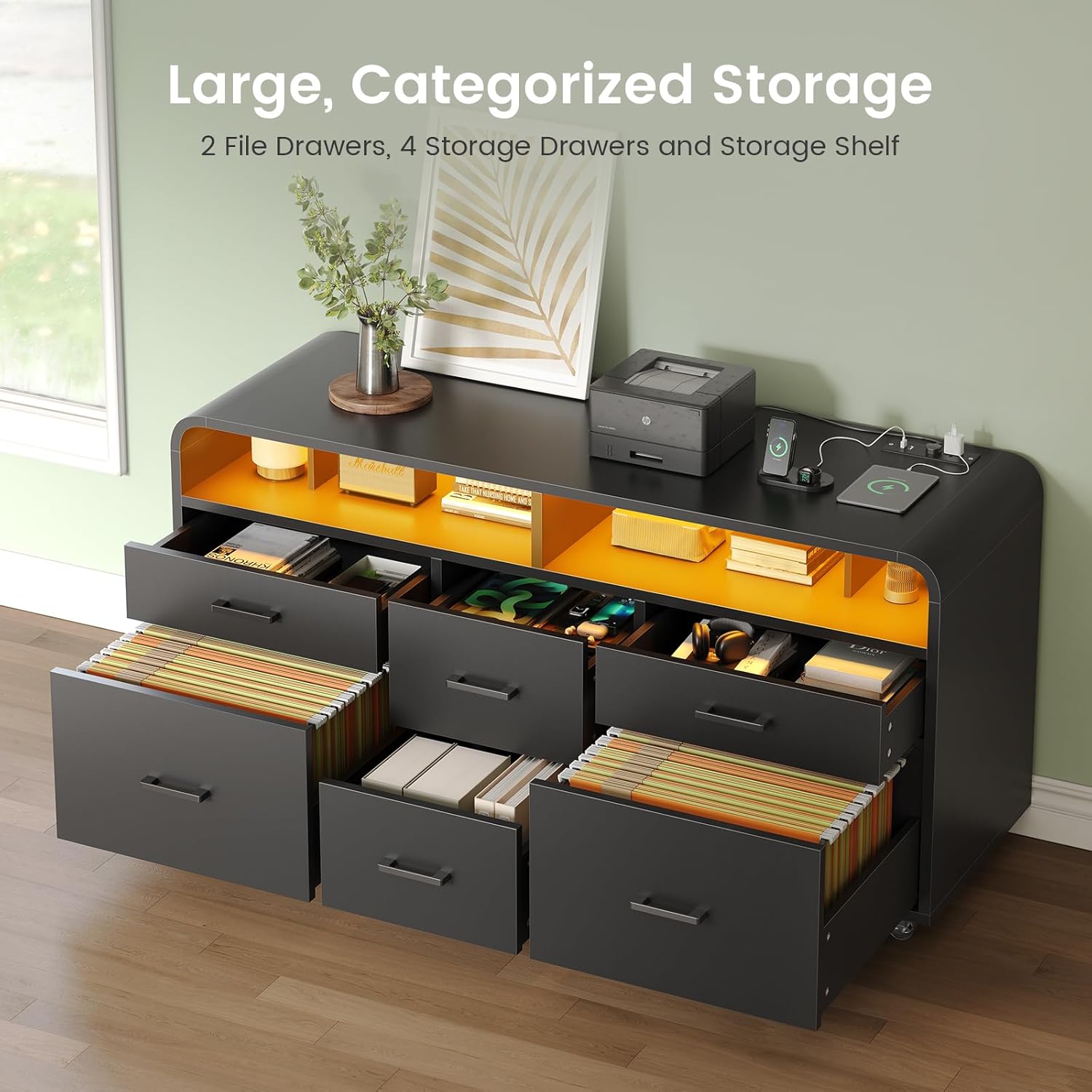 SEDETA 6 Drawer File Cabinet with Power Strip, 47