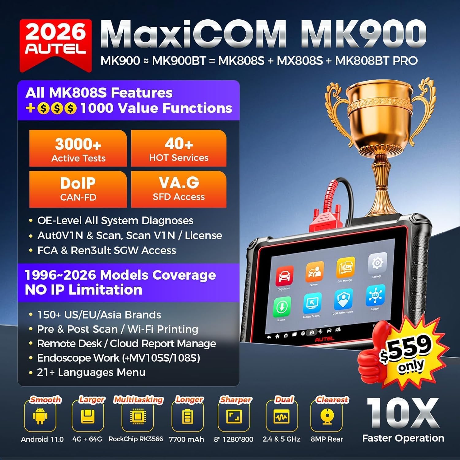Autel MaxiCOM MK900 Bidirectional Scanner: 2026 Up of MaxiCheck MX808S MK808S, Work as MK900-BT MK900BT MX900 OBD2 Diagnostic Tool w/ 3000+ Active Test, 40+ Service, CAN-FD&DOIP, All System, FCA 11 OS
