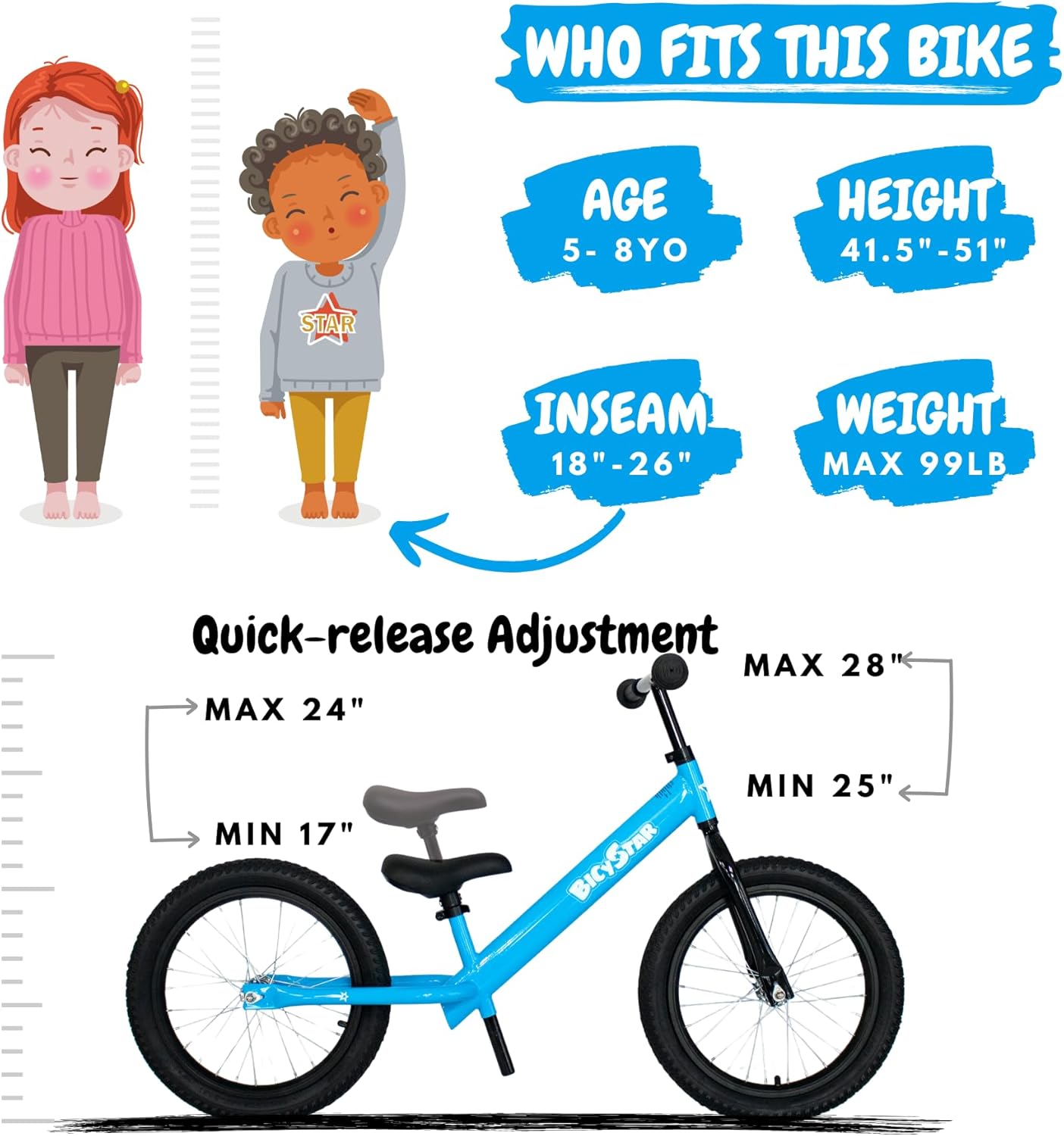 Bicystar 16 Inch Kids Balance Bike for 5-8 Year Old, No Pedals, Air Tires, Footrests, Adjustable Height for Big Boys, Girls